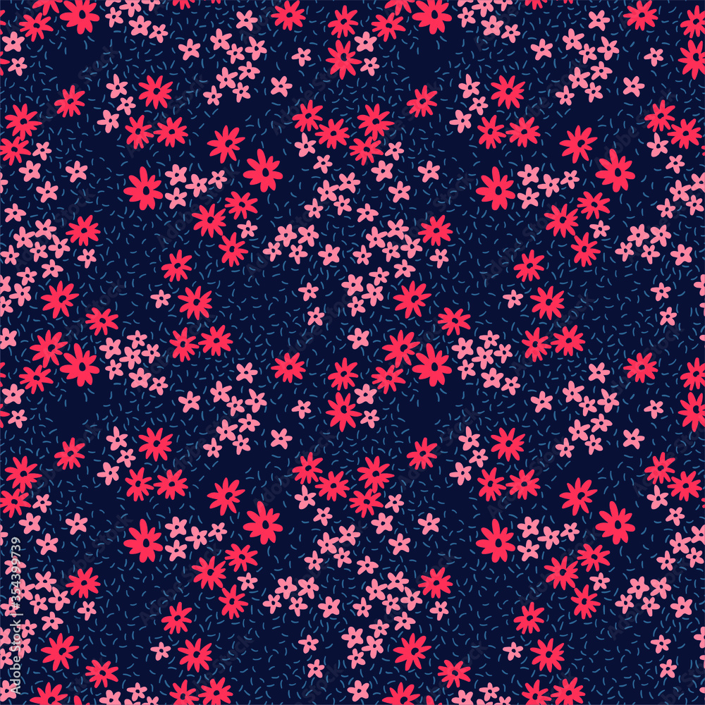 Cute floral pattern in the small flower. Ditsy print. Motifs scattered random. Seamless vector texture. Elegant template for fashion prints. Printing with small pink an flowers. Dark blue background.
