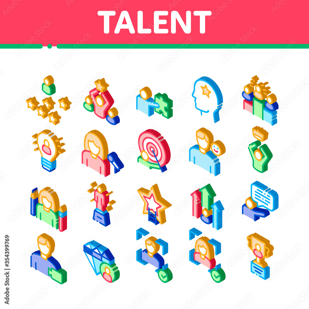 Fototapeta premium Human Talent Elements Icons Set Vector. Isometric Idea And Target, Diamond And Star, Signer, Speaker And Actor Talent Illustrations