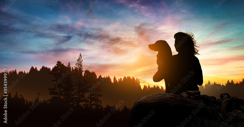 sitting girl observes the sunset hugging her dog sitting girl observes the sunset hugging her dog