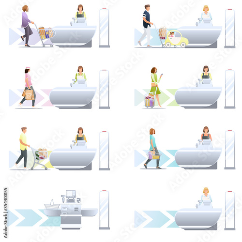 Set of various shopping in store vector flat illustration. Collection of different man, woman, family and child with trolley and shopping cart isolated on white. Self-service and anti-theft sensor.