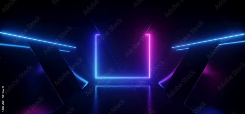 Neon Laser Sci Fi Futuristic Alien Spaceship Metal Reflective Corridor Tunnel Rectangle Frame Glowing Purple Blue Cyber Synth Warehouse Garage Underground Vibrant Background 3D Rendering Neon Laser Sci Fi Futuristic Alien Spaceship Metal Reflective Corridor Tunnel Rectangle Frame Glowing Purple Blue Cyber Synth Warehouse Garage Underground Vibrant Background 3D Rendering