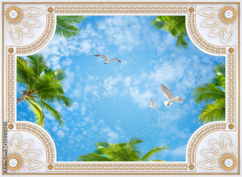 Ceiling wallpapers collage whith gold gypsum molding, sky, palm trees, birds 3d rendering
