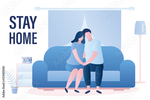 Stay home banner. Love couple is sitting on the couch, family in living room interior. Quarantine or self-isolation.