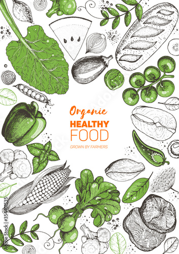Healthy food frame vector illustration. Vegetables, meat and fish hand drawn. Organic products set. Farm market food, concept collection.