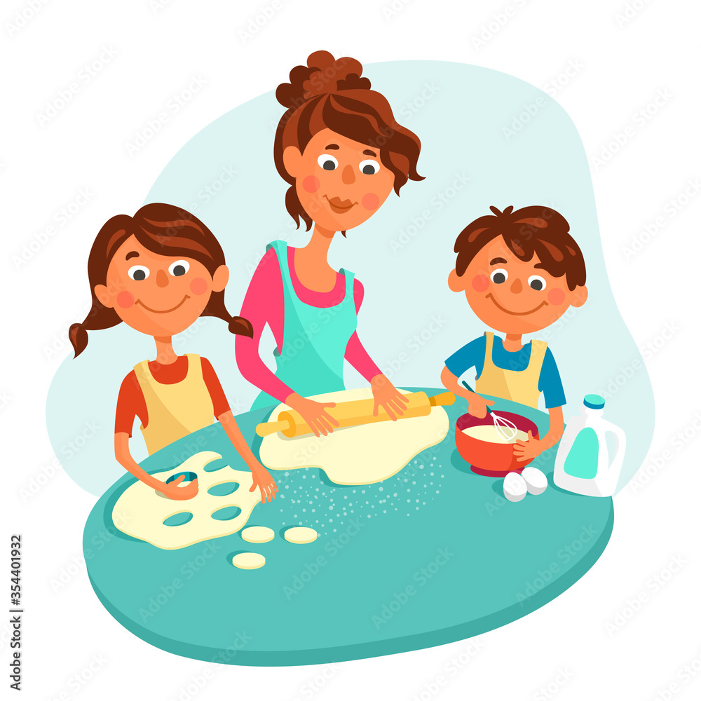 Mom makes cookies with kids, a boy and a girl. Children help parents cook. Vector illustration in cute cartoon style. Mom makes cookies with kids, a boy and a girl. Children help parents cook. Vector illustration in cute cartoon style.