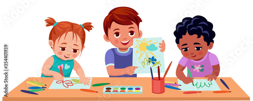 Children, a boy and girls of different nations pencil at the table, flamaster and watercolor paints.