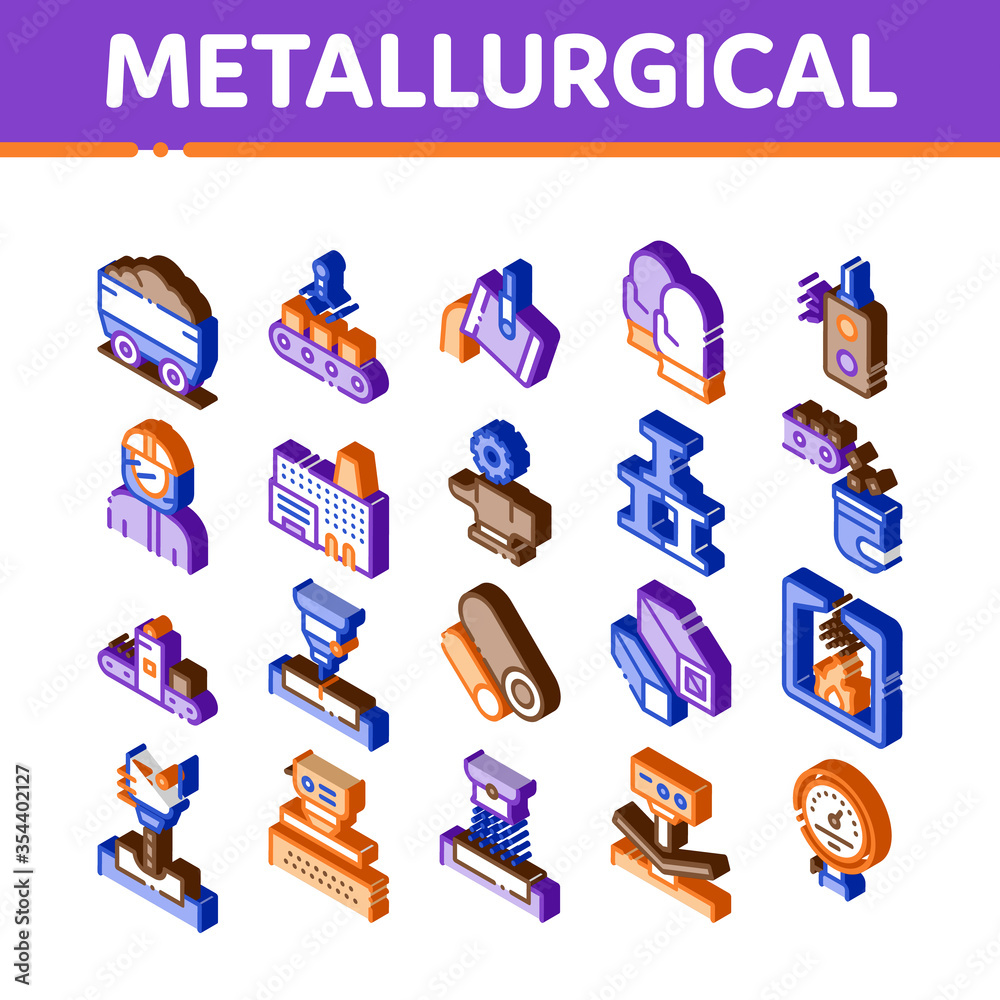 Metallurgical Elements Icons Set Vector. Isometric Factory Furnace, Metal Melting And Metallurgical Pipe Foundry Illustrations