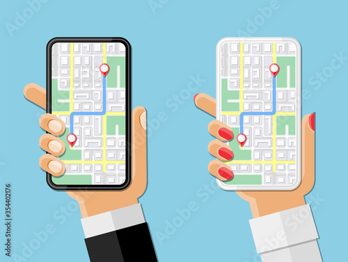 People's hands holding phones. Mobile navigation concept.