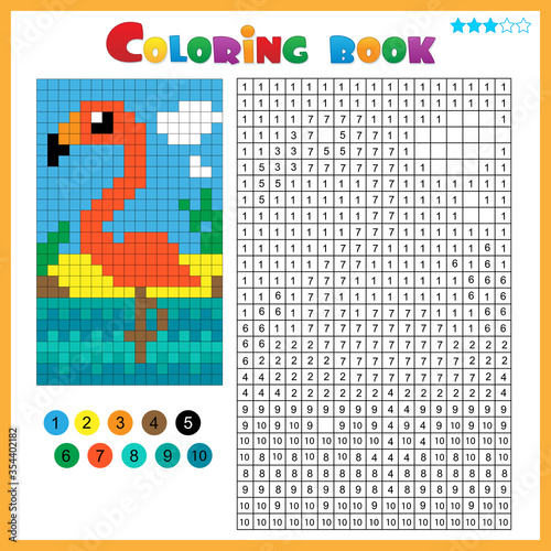Flamingo. Color by numbers. Coloring book for kids. Colorful Puzzle Game for Children with answer.