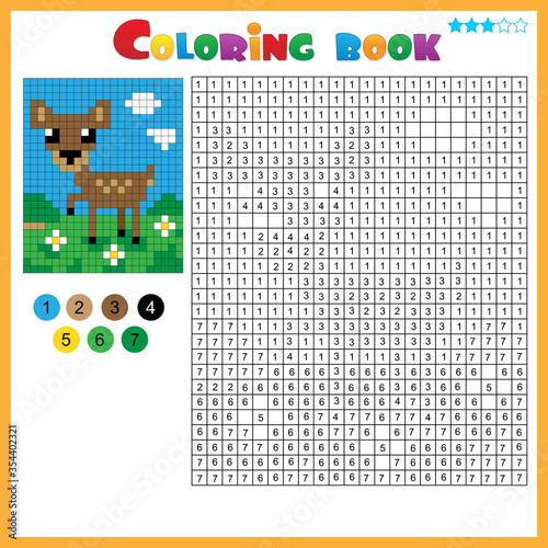 Fawn or deer. Color by numbers. Coloring book for kids. Colorful Puzzle Game for Children with answer.