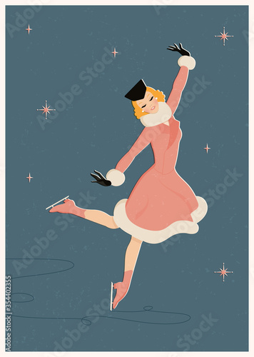A woman in a vintage coat is skating on a Christmas holiday and New Year. Retro postcard. Flat vector illustration.