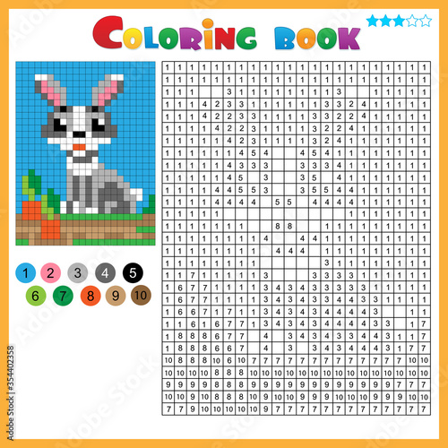 Rabbit or hare with carrot. Color by numbers. Coloring book for kids. Colorful Puzzle Game for Children with answer.