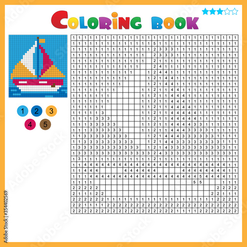 Ship or sailboat. Color by numbers. Coloring book for kids. Colorful Puzzle Game for Children with answer.