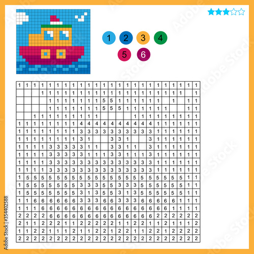 Steamship. Color by numbers. Coloring book for kids. Colorful Puzzle Game for Children with answer.