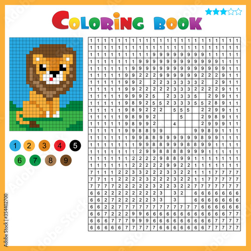 Lion. Color by numbers. Coloring book for kids. Colorful Puzzle Game for Children with answer.