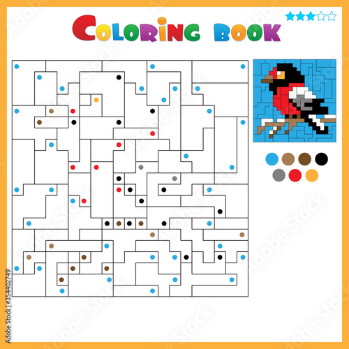 Bullfinch. Coloring book for kids. Colorful Puzzle Game for Children with answer.