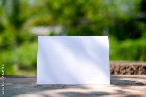 Blank bifold white card on empty stump stage outdoors with floral shadow overlay and blurred backyard garden background as template for design presentation  event promotion  message  showcase etc.