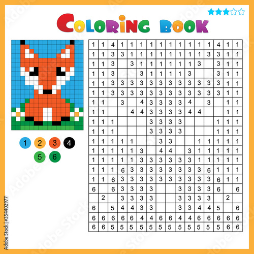 Fox. Color by numbers. Coloring book for kids. Colorful Puzzle Game for Children with answer.
