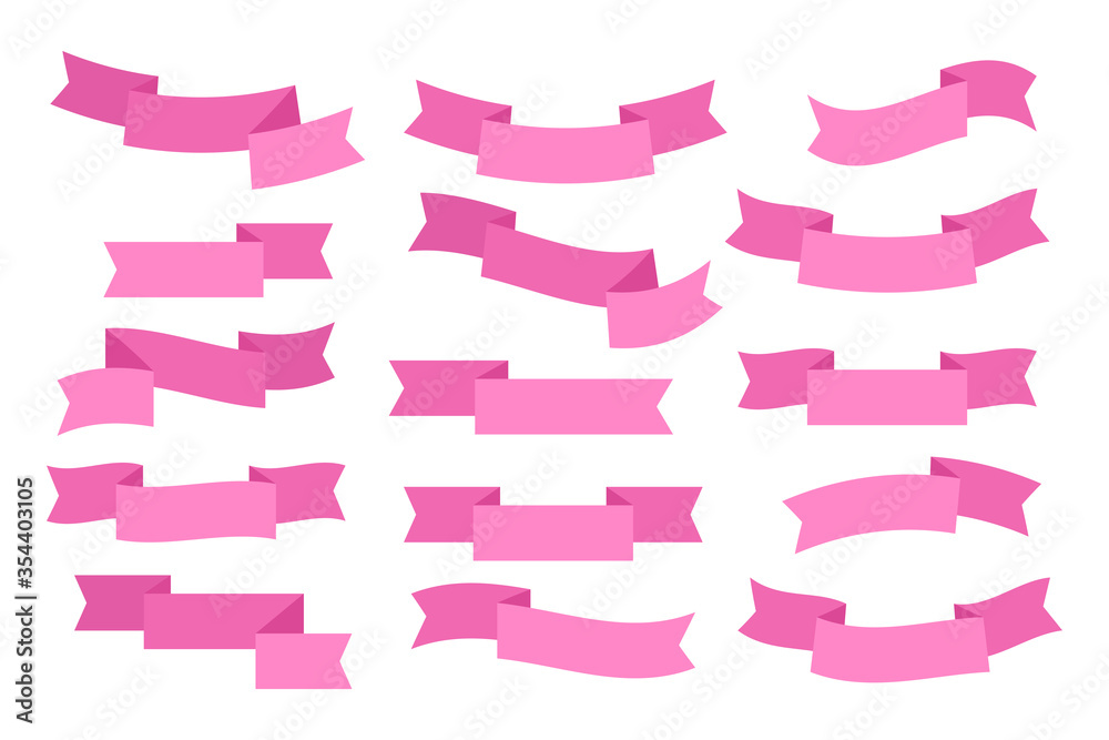 Set of pink flat ribbons isolated on white background. Ribbon banner vector illustration.