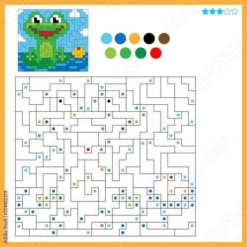 Frog with a water Lily. Coloring book for kids. Colorful Puzzle Game for Children with answer.