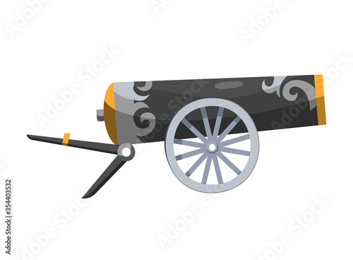 Antique pirate cannon. Vintage gun. Color image of medieval cannon for old ships on a white background. Cartoon style