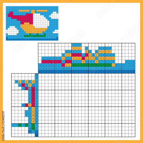Helicopter. Colorful japanese crossword with answer. Color by numbers. Coloring book for kids. Nonogram. Puzzle Game for school Children.