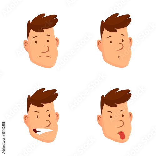 Man face expressions. Set of different male facial emotions. Attractive cartoon character. Sad, tired, laugh, angry and other emotions