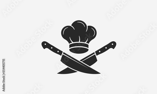 Chef logo with chef's hat and knives icons. Cooking vintage logo. Cooking Classes template logo. Label, badge for food studio, cooking courses, culinary school. Vector illustration