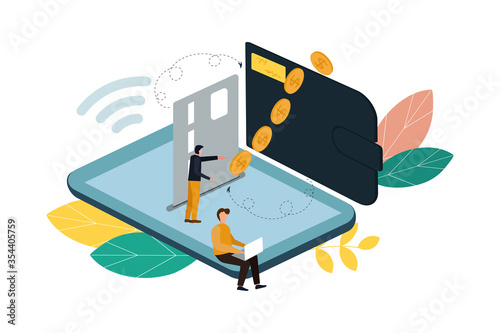 Money transfer between wallet and smartphone, flat styling. Vector illustration of online payment, money transaction