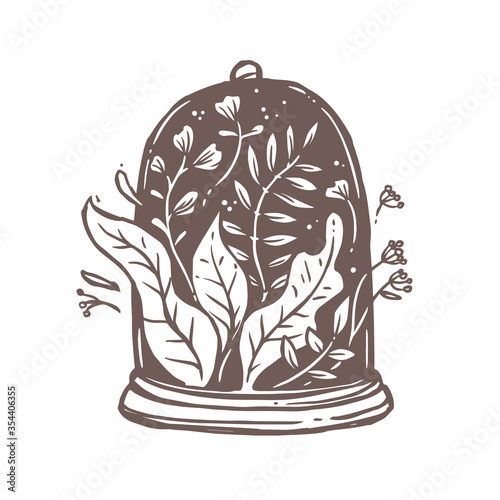 Flowers, plants, leaves and foliage under glass cap or tray. Symbol of safe, save, ecology and environmental conservation, florarium. Creative and romantic concept for logo, emblem in drawn style