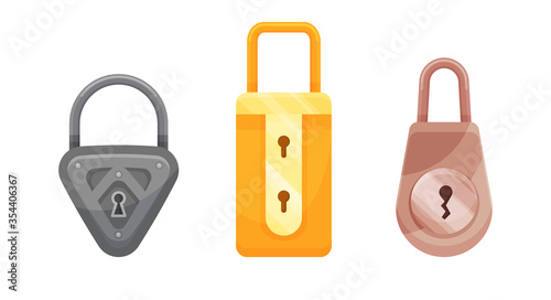 Padlocks. Flat padlock icons for protection privacy, web and mobile apps. Cartoon closed locks. Design template of golden, steel and bronze locks