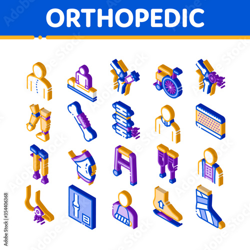 Orthopedic Elements Vector Icons Set. Isometric Orthopedic And Trauma Rehabilitation, Cervical Collar And Walkers Concept Pictograms. Medical Rehab Goods Illustrations