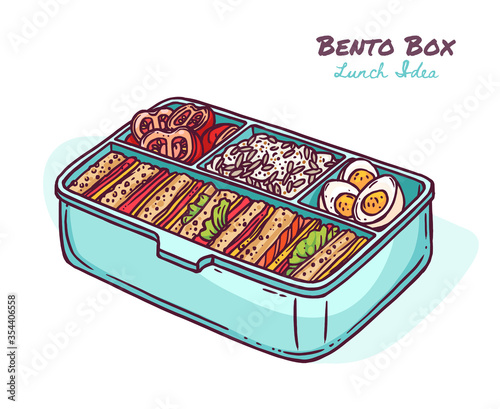 Japanese bento box with meal or healthy snacks. Finger food idea in zero waste container. Tomatoes, rice, eggs, sandwich. Takeaway appetizer or lunch. Vector sketch doodle illustration