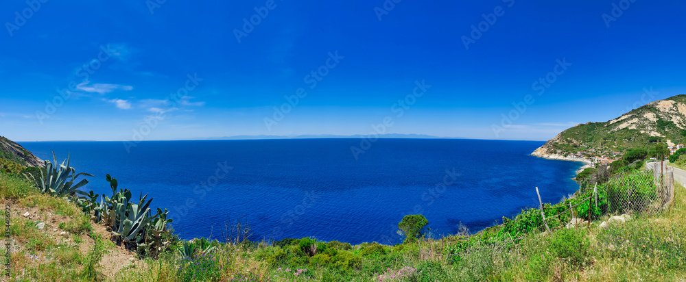 Panoramic view of  Elba island in Italy without people. Tuscan Archipelago national park. Mediterranean sea coast. Vacation and tourism concept.