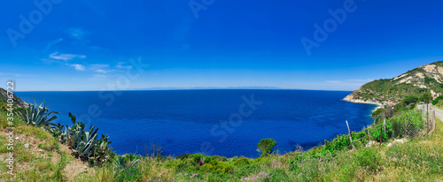 Panoramic view of Elba island in Italy without people. Tuscan Archipelago national park. Mediterranean sea coast. Vacation and tourism concept.