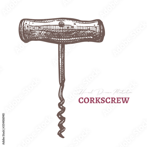 Vector hand drawn corkscrew. Retro vintage equipment for wine bottle. Sketch etching engraved illustration