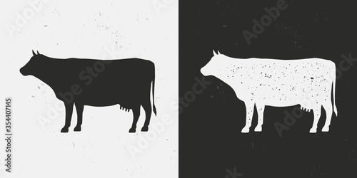 Beef, Cow icons isolated on white and black backgrounds. Cow silhouette with grunge texture. Vintage farm icon. Beef template for meat store, grocery, butcher shop. Vector illustration