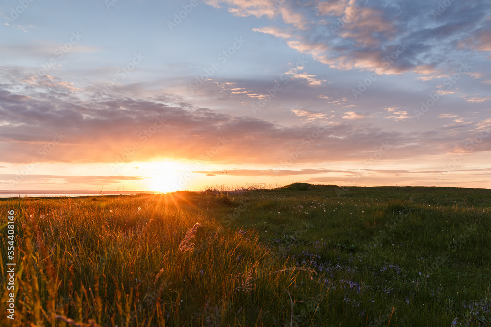 Beautiful view of the field and sunset. Beautiful nature landscape with dramatic clouds sunset sky and views on the hills. Postcard view. Rural floral field on golden sunset. Summer background