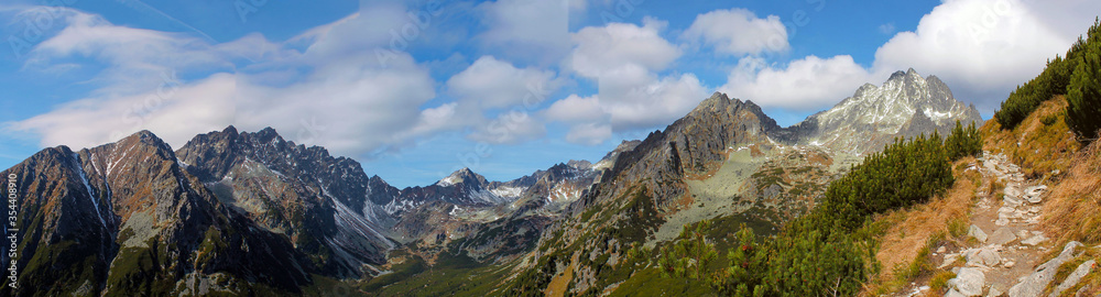 Fototapeta premium Panoramic photo of Tatra Mountains in Slovakia. This photo was taken from the way and it's possible to see the blue sky with some clouds, some flora and snow at the top of mountain.