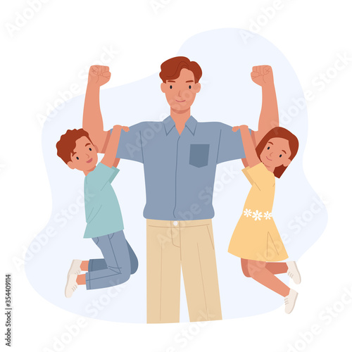 Happy father's day. Strong dad with his son and daughter hang on his arms. Vector illustration in a flat style