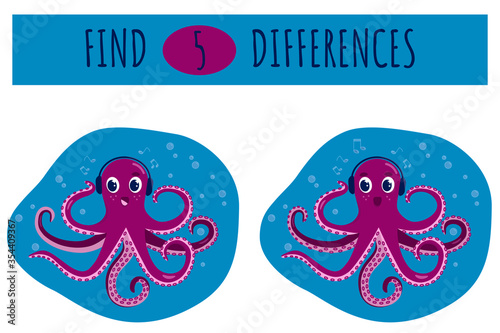 Cute little octopus in headphones. Find 5 differences. Mini game. Educational game for children. Vector illustration.