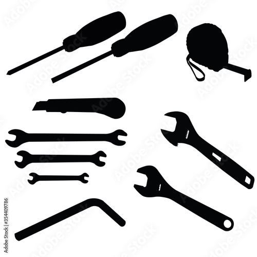 A set of repair tools. Phillips screwdriver, screwdriver, tape measure, construction knife, repair keys, hex key, adjustable wrench. Vector image
