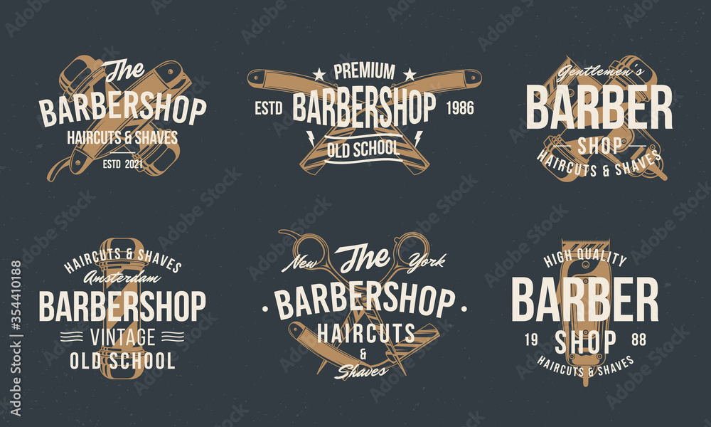 Barber shop vintage hipster logo templates. Barbershop stamp, print, label set. Barbershop, Barber, Haircut's salon poster templates. Vector illustration