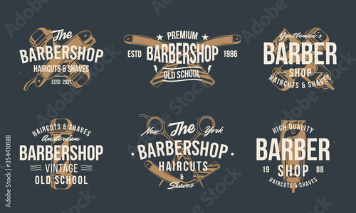 Barber shop vintage hipster logo templates. Barbershop stamp, print, label set. Barbershop, Barber, Haircut's salon poster templates. Vector illustration
