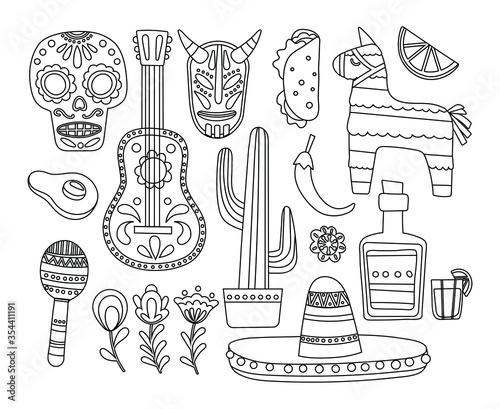 Collection of Mexican Symbols in line style - skull, avocado, pinata, guitar, maracas, cactus,tequila, peper, taco, lime. Vector illustration isolated on white background.