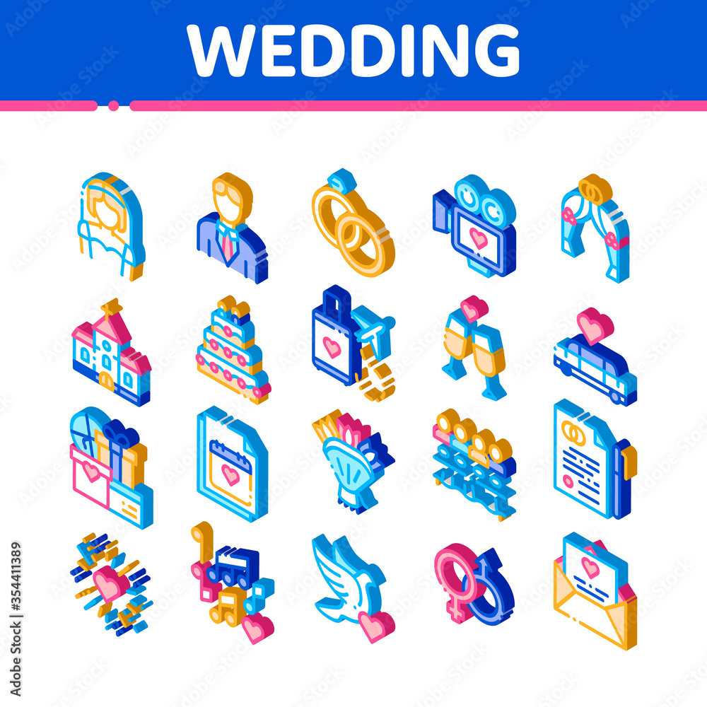 Wedding Vector Icons Set. Isometric Bride And Groom, Rings And Limousine Wedding Elements Pictograms. Church And Arch, Fireworks And Dancing Illustrations Wedding Vector Icons Set. Isometric Bride And Groom, Rings And Limousine Wedding Elements Pictograms. Church And Arch, Fireworks And Dancing Illustrations