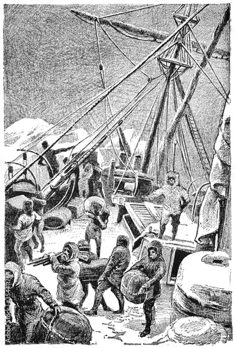 Polar research sailing-motor schooner Admiral Tegetgoff in pack ice, May 1874. Illustration of the 19th century. White background.