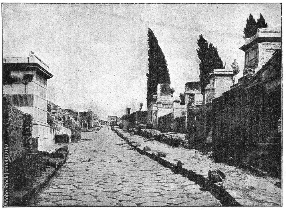 Fototapeta premium The streets of Pompeii. The city was destroyed and buried under volcanic ash and pumice in the eruption of Mount Vesuvius in 79 AD. Illustration of the 19th century. White background.