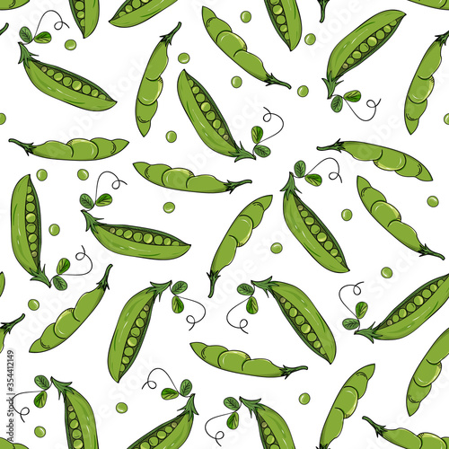 Green pea pods seamless pattern. Summer vegetable background. Healthy food, vegan.