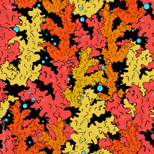 Marine seamless pattern with colored corals. Underwater world, coral reef. Background for fabric, clothes, packaging, aquariums.